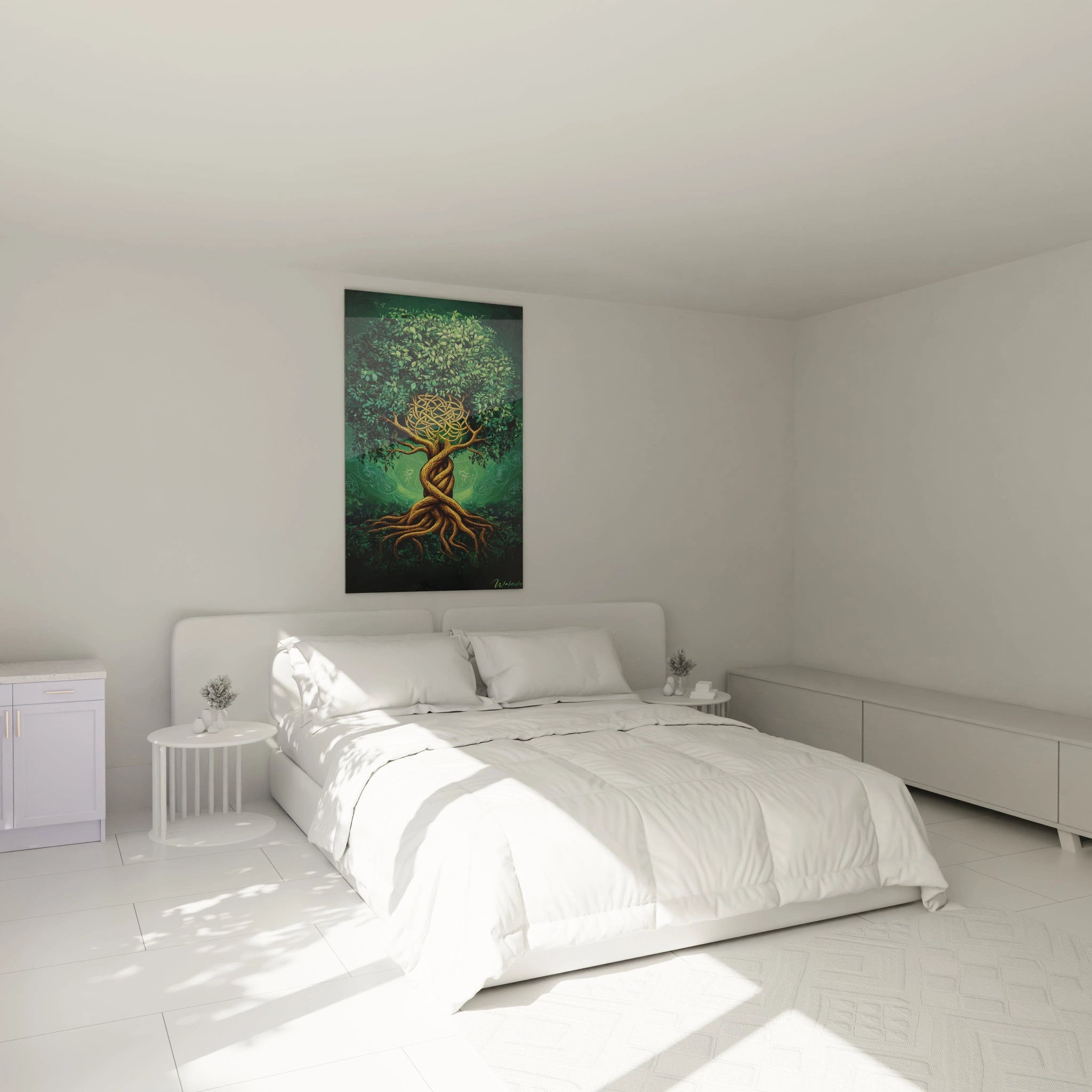 Un tableau Yggdrasil montrant l'arbre cosmique de la mythologie nordique au tronc doré tressé, couronné d'un feuillage verdoyant dense. L'ensemble se détache sur un fond vert profond évoquant les neuf mondes.
