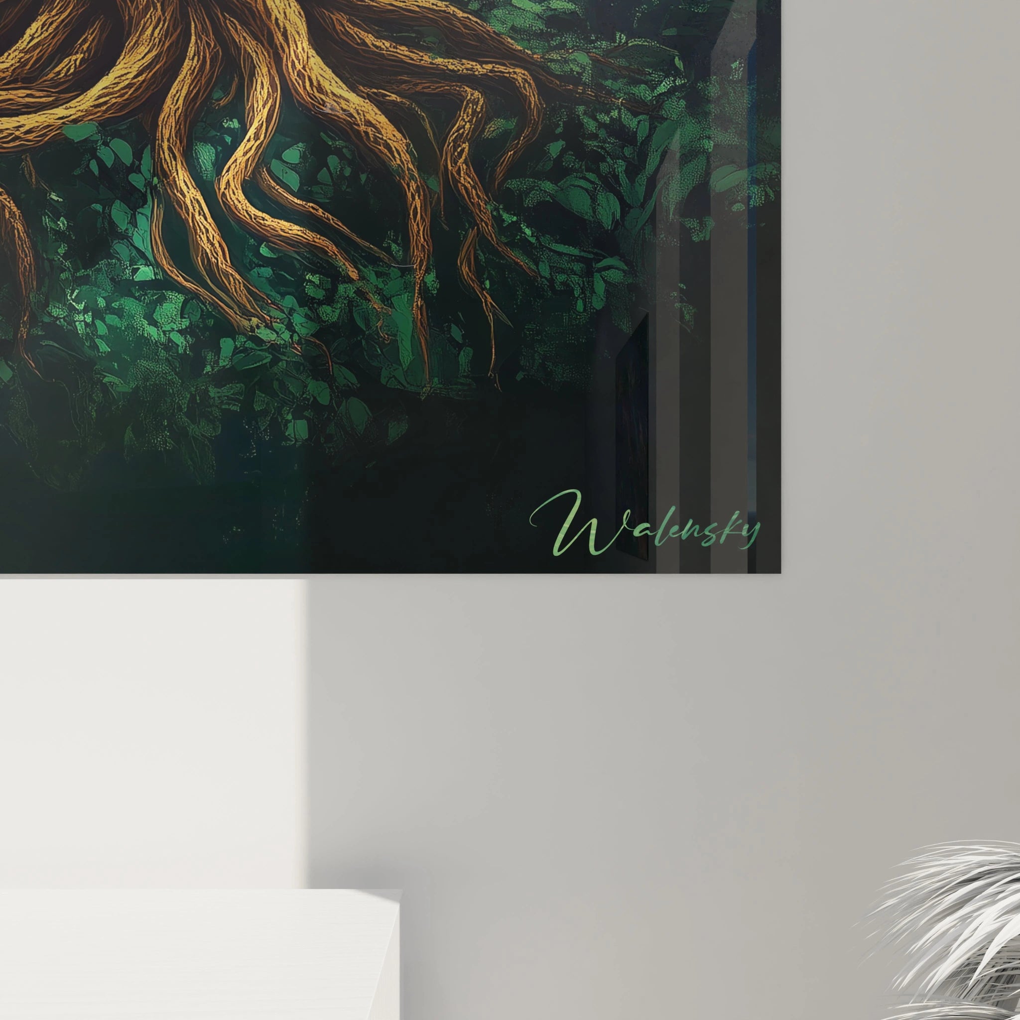 Un tableau mystique illustrant Yggdrasil, l'axe du monde nordique, avec son tronc doré sculpté en motifs entrelacés, ses racines ancrées profondément et sa canopée verte luxuriante sur fond vert aux subtils symboles runiques.


