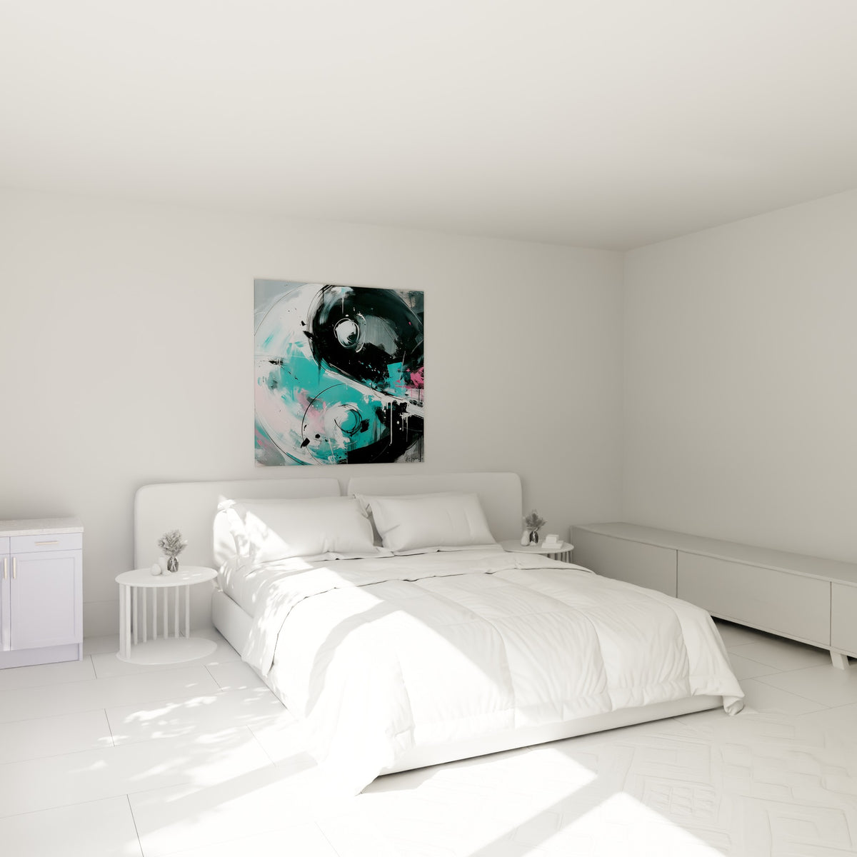 Spirales Yin Yang turquoise et noir profond au-dessus d'un lit dans une chambre claire