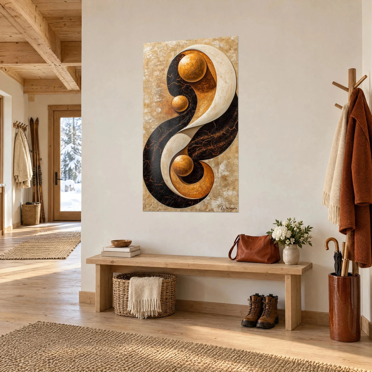 Quadro simbolo degli opposti in volute avorio ed ebano, sfere ambra craclé, sopra una panca d'ingresso in legno