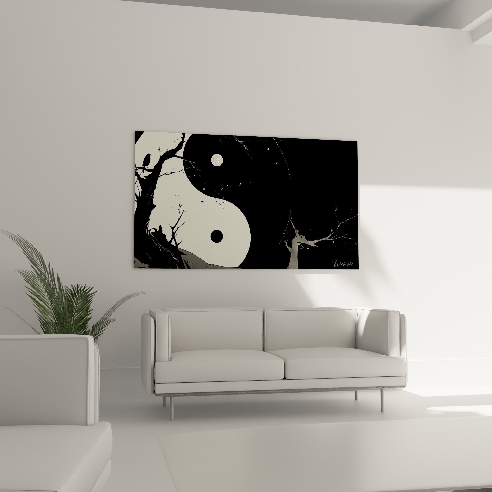 Branches dénudées entourant le symbole Yin Yang anthracite au-dessus d'un canapé dans un salon lumineux