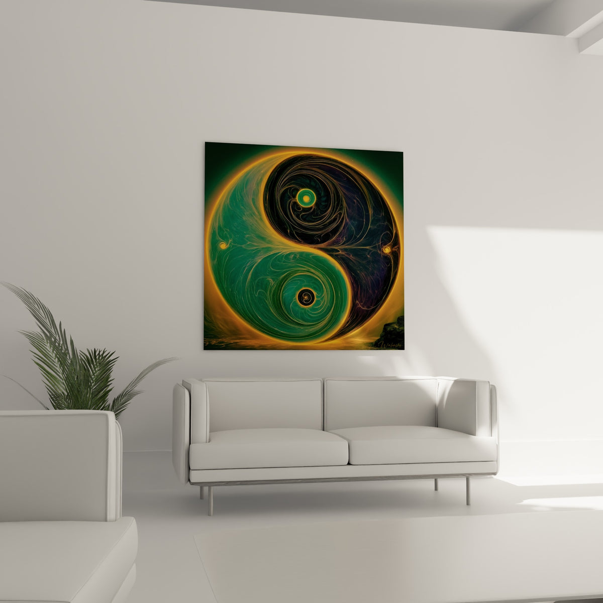 Symbole Yin Yang anthracite et vert lumineux au-dessus d'un canapé dans un salon lumineux