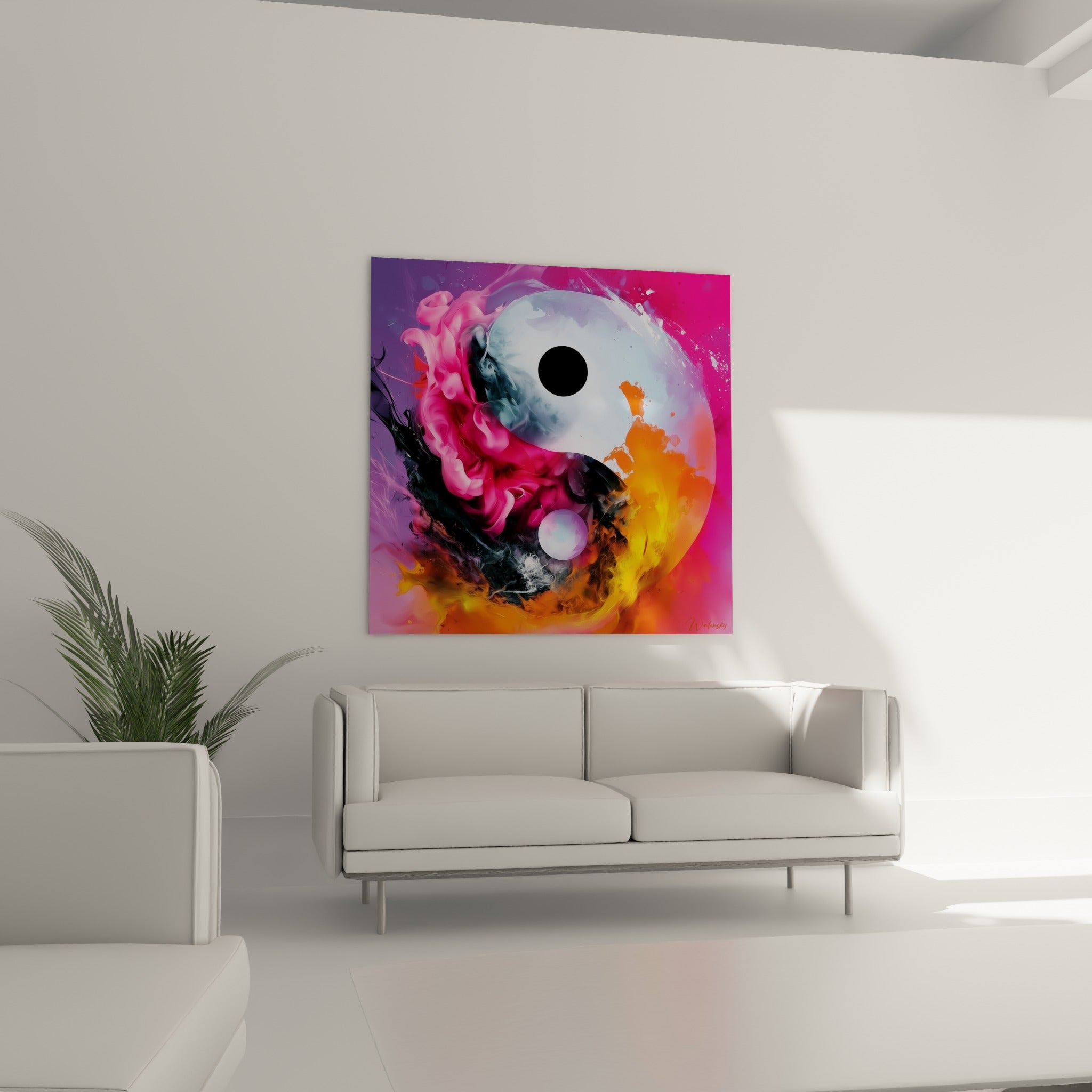 Yin Yang tourbillonnant en rose vif et anthracite, suspendu au-dessus d'un canapé dans un salon lumineux