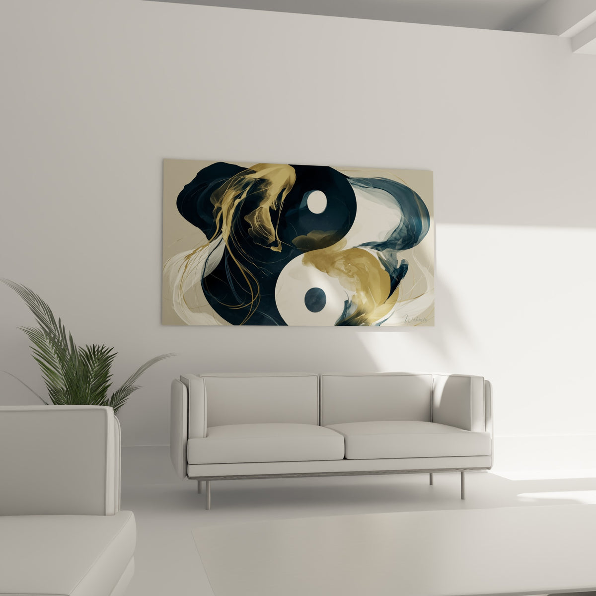 Symbole Yin Yang doré et anthracite en aquarelle au-dessus d'un canapé dans un salon lumineux