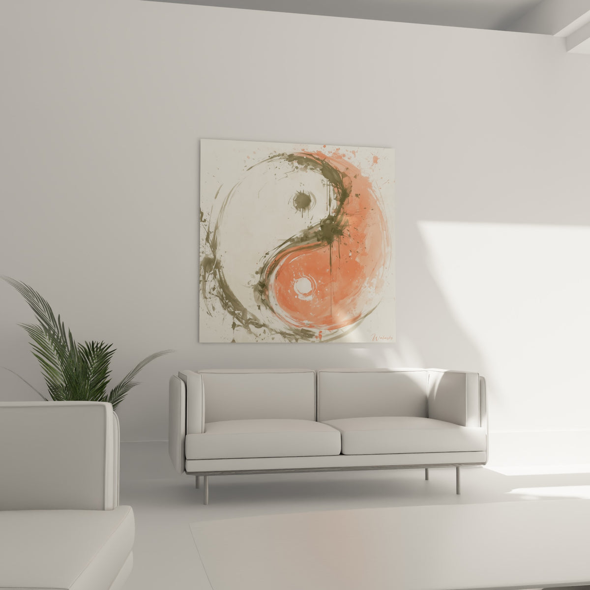 Cercle Yin Yang aux tons corail et anthracite, coulures d'encre dynamiques, au-dessus d'un canapé dans un salon lumineux