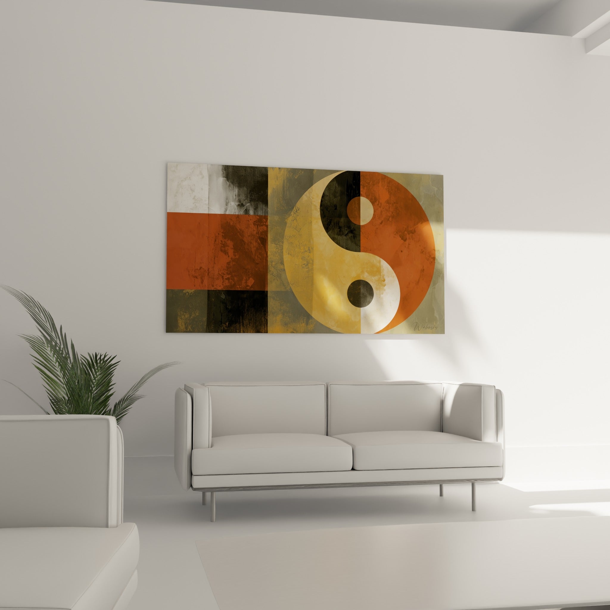 Yin Yang anthracite et ocre suspendu au-dessus d'un canapé dans un salon lumineux