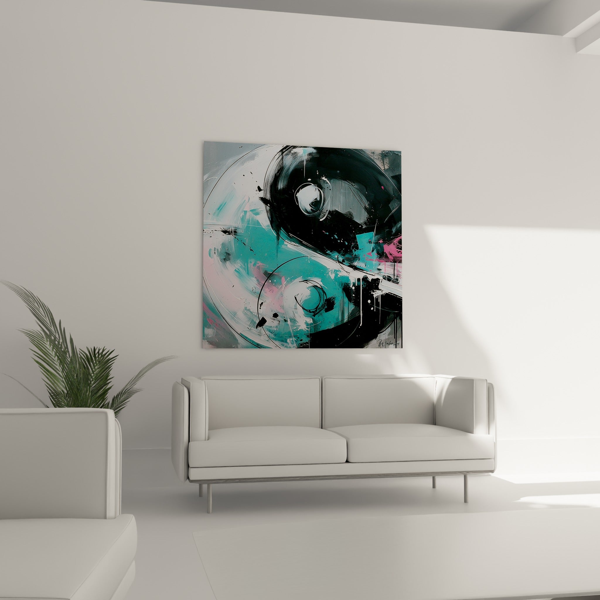 Symbole Yin Yang aux coulures noires et turquoise au-dessus d'un canapé dans un salon lumineux