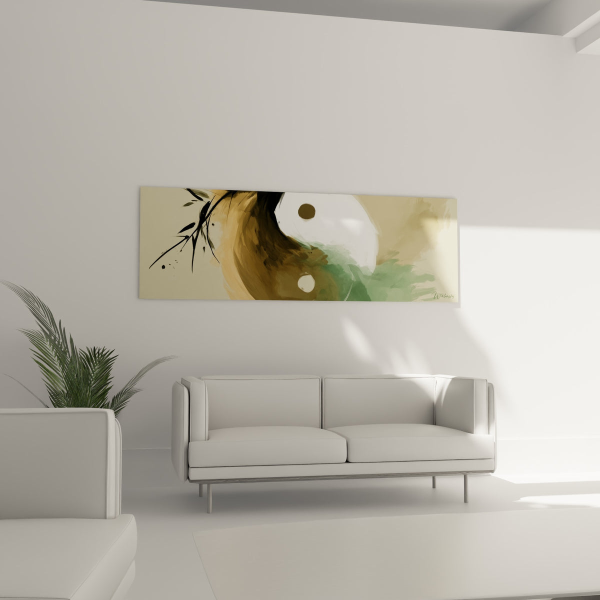 Yin Yang anthracite et blanc, bambou encré délicat, au-dessus d'un canapé dans un salon lumineux