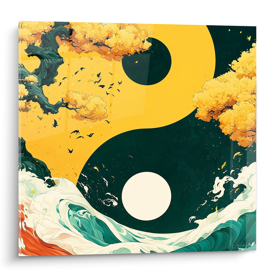 Tableau Symbole doré et vert entre arbres et vagues - Souffle et marée - Edition Yin Yang