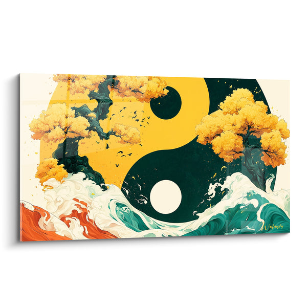 Tableau Symbole jaune et vert entre arbres dorés - Vol d'oiseaux migrateurs - Edition Yin Yang