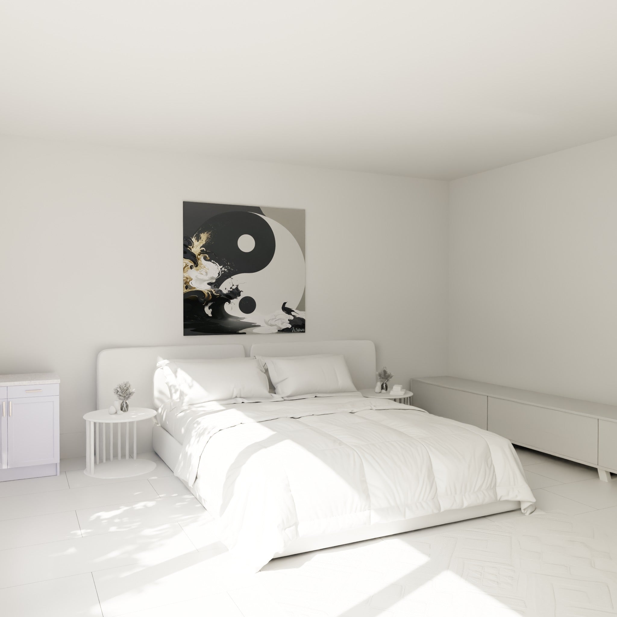 Yin Yang doré et noir aux volutes fluides, accroché au-dessus d'un lit dans une chambre claire