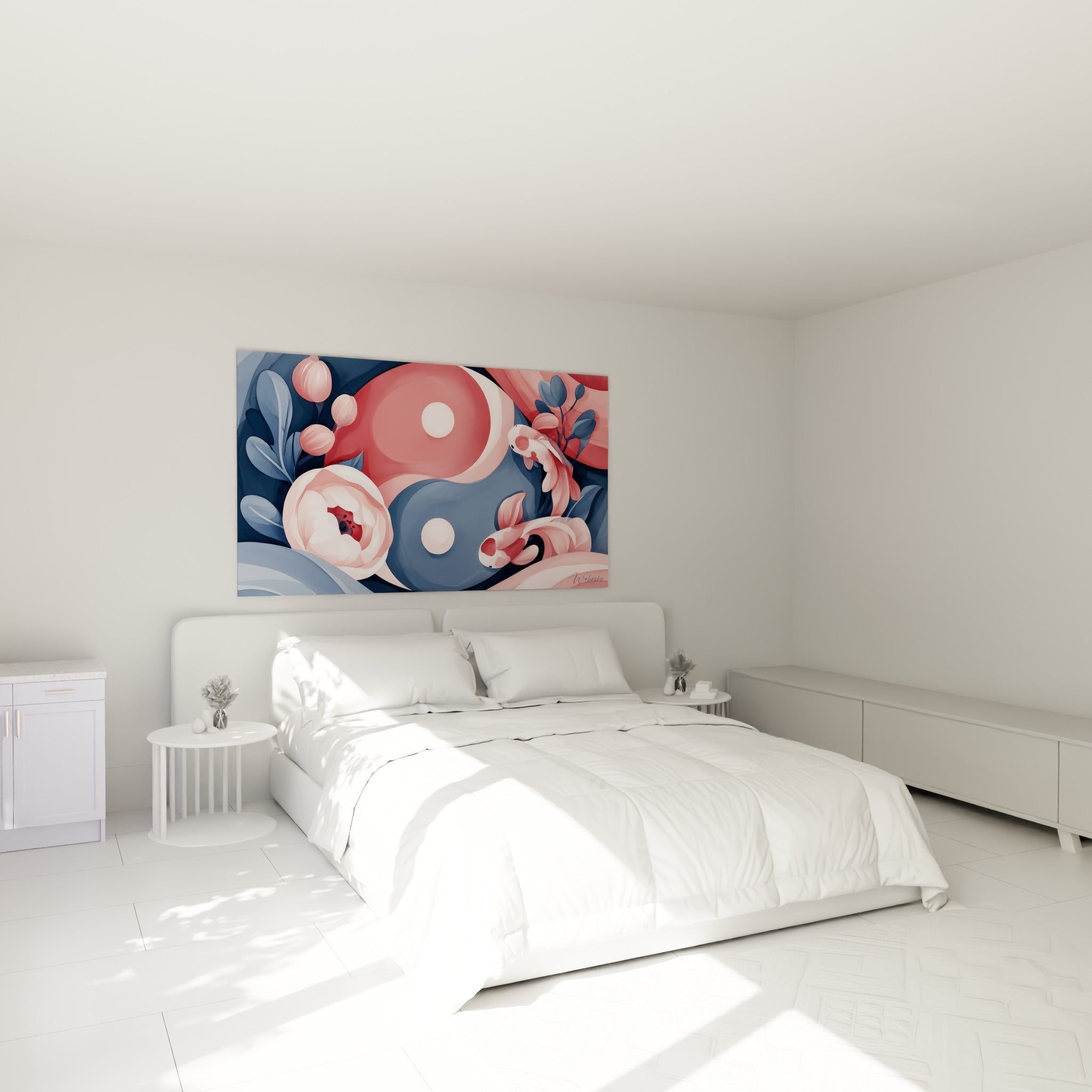 Poissons koï roses nageant autour du Yin Yang bleu ardoise, au-dessus d'un lit dans une chambre claire
