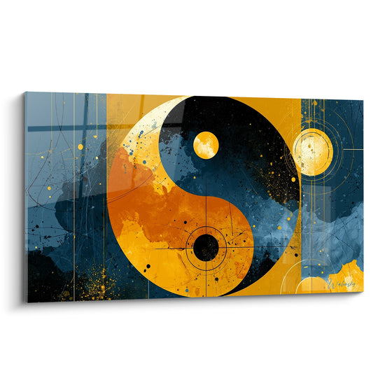 Symbole Yin Yang en bleu marine et ocre, spirale éclaboussée aux cercles dorés lumineux