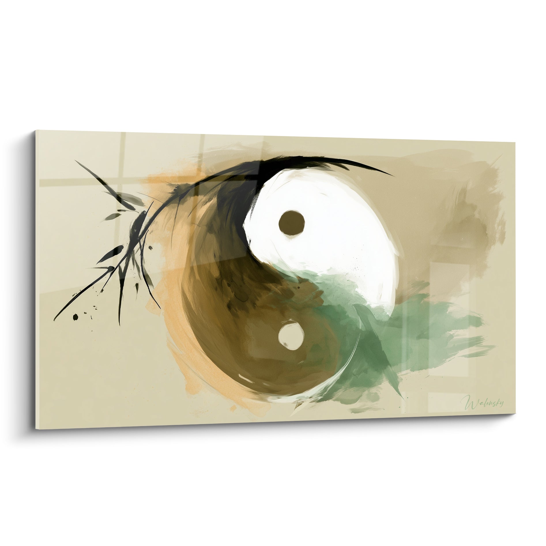 Yin Yang brun et vert sauge, cercle à l'encre, branche de bambou noire sur fond beige