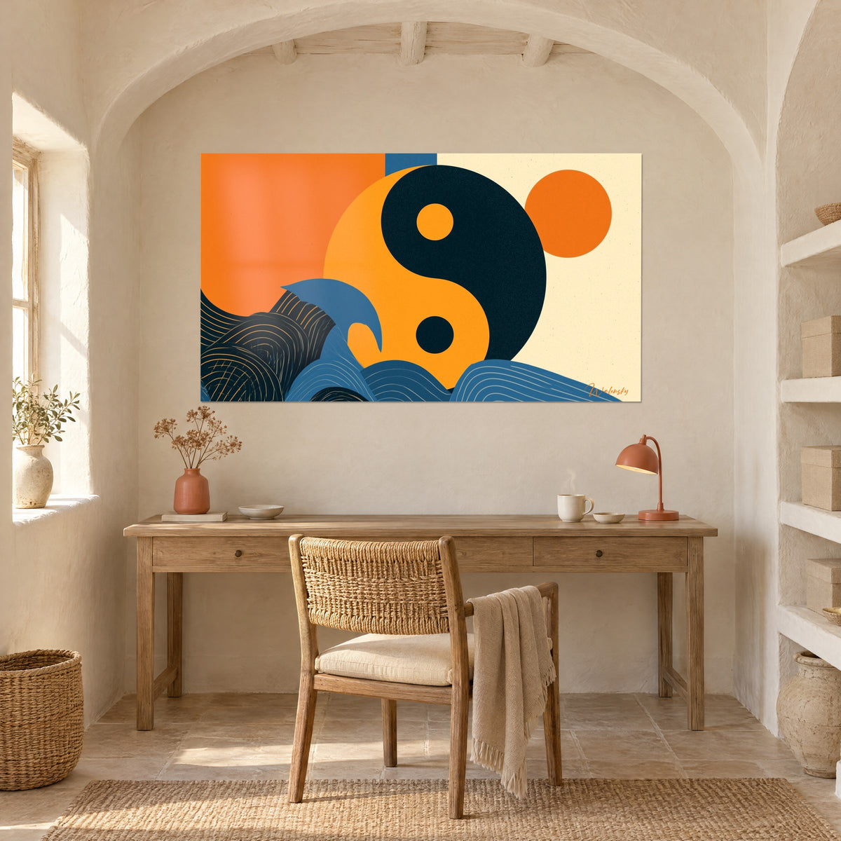 Πίνακας με σύμβολο yin yang, κύματα ναυτικού μπλε και έντονου πορτοκαλί, απέναντι από γραφείο από ανοιχτόχρωμο ξύλο, λάμπα terracotta και ψάθινη καρέκλα