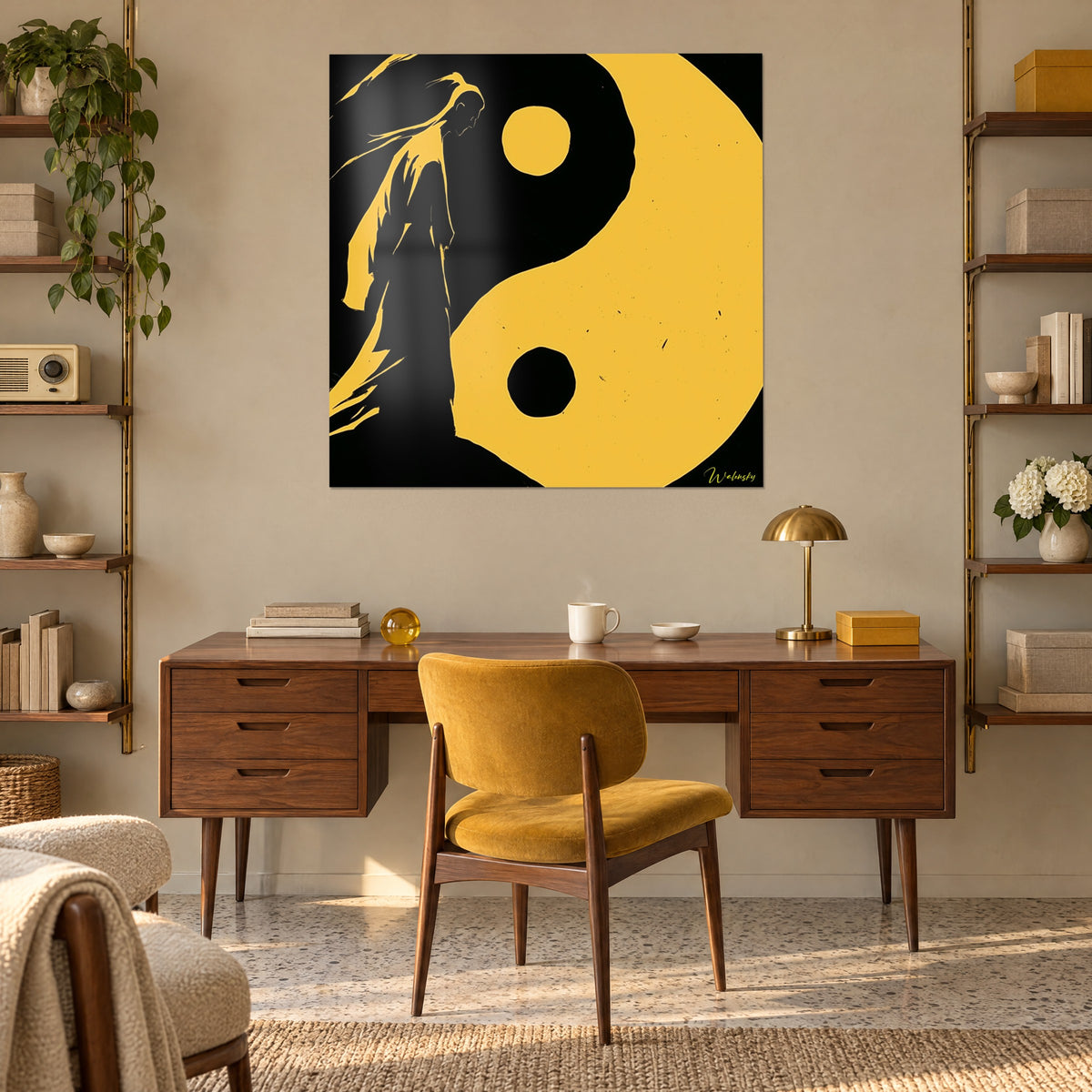 Wall art gold yin yang on black background, draped figure walking slowly, hung above a wooden desk and a mustard armchair