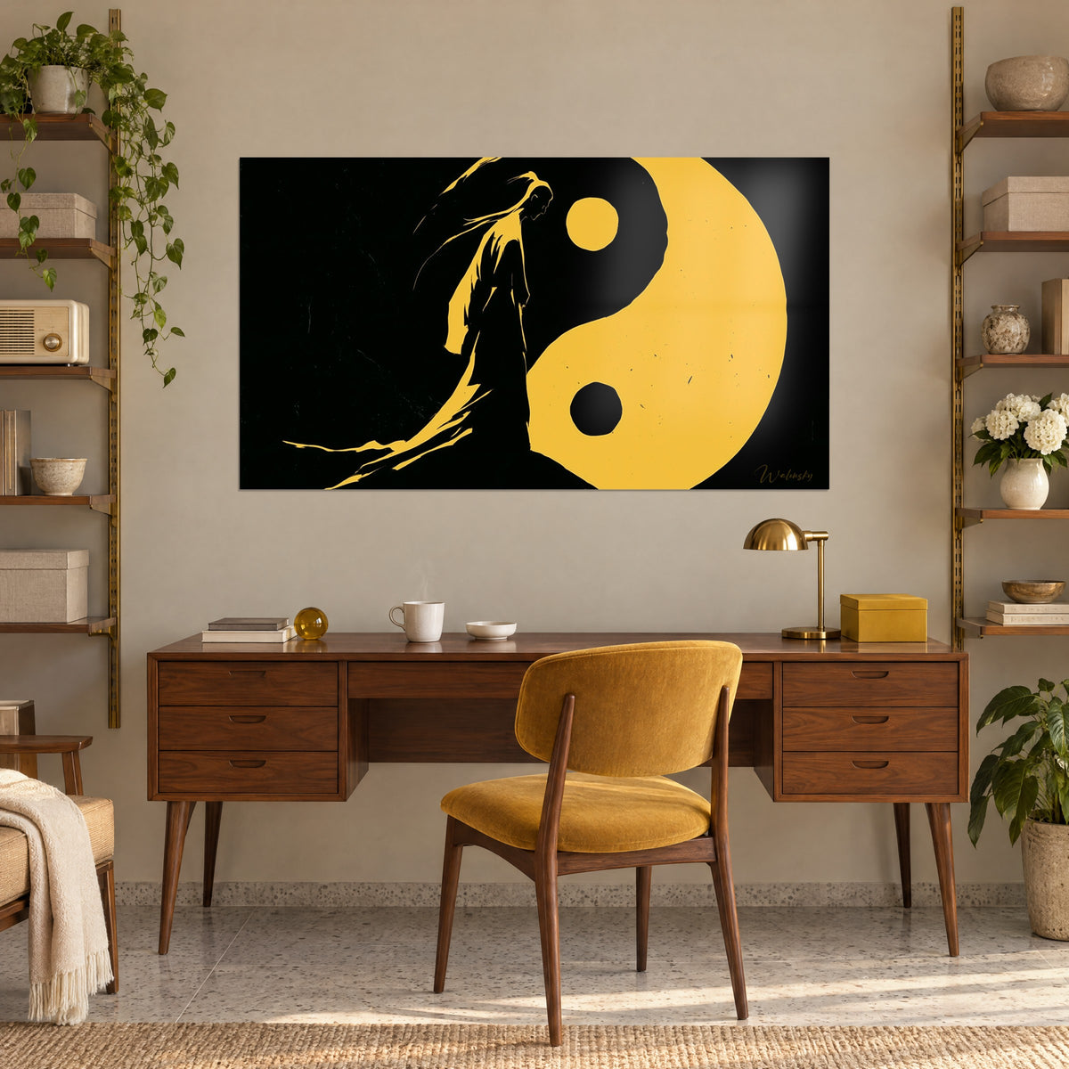 Gemälde des Yin-Yang-Symbols in leuchtendem Gelb auf tiefem Schwarz, eine gebeugte Silhouette im wallenden Gewand, Wand eines Arbeitszimmers aus Nussbaum mit Regalen