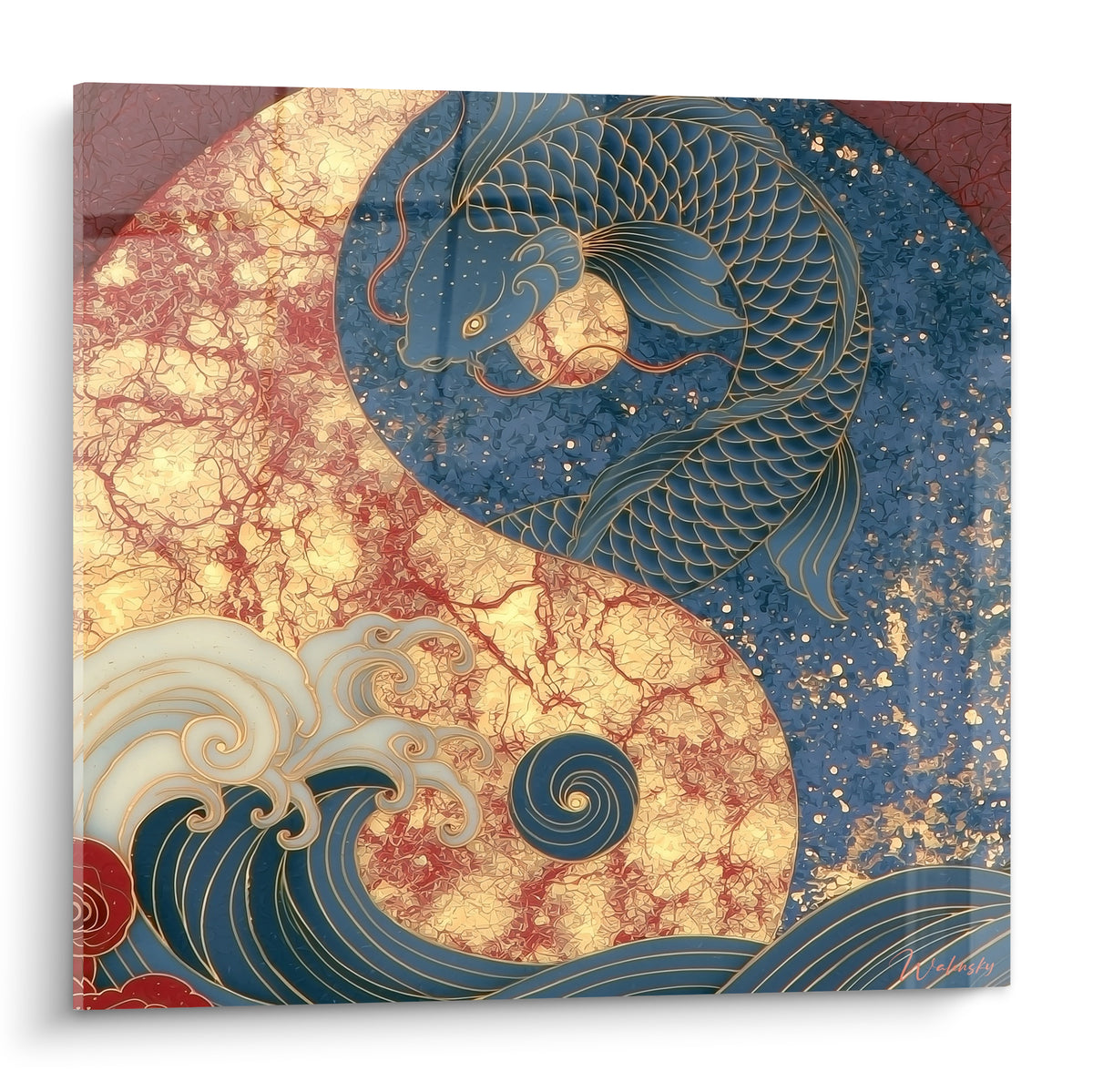 Carpe koï bleu marine nageant parmi des vagues dorées et terracotta craquelées, style Yin Yang