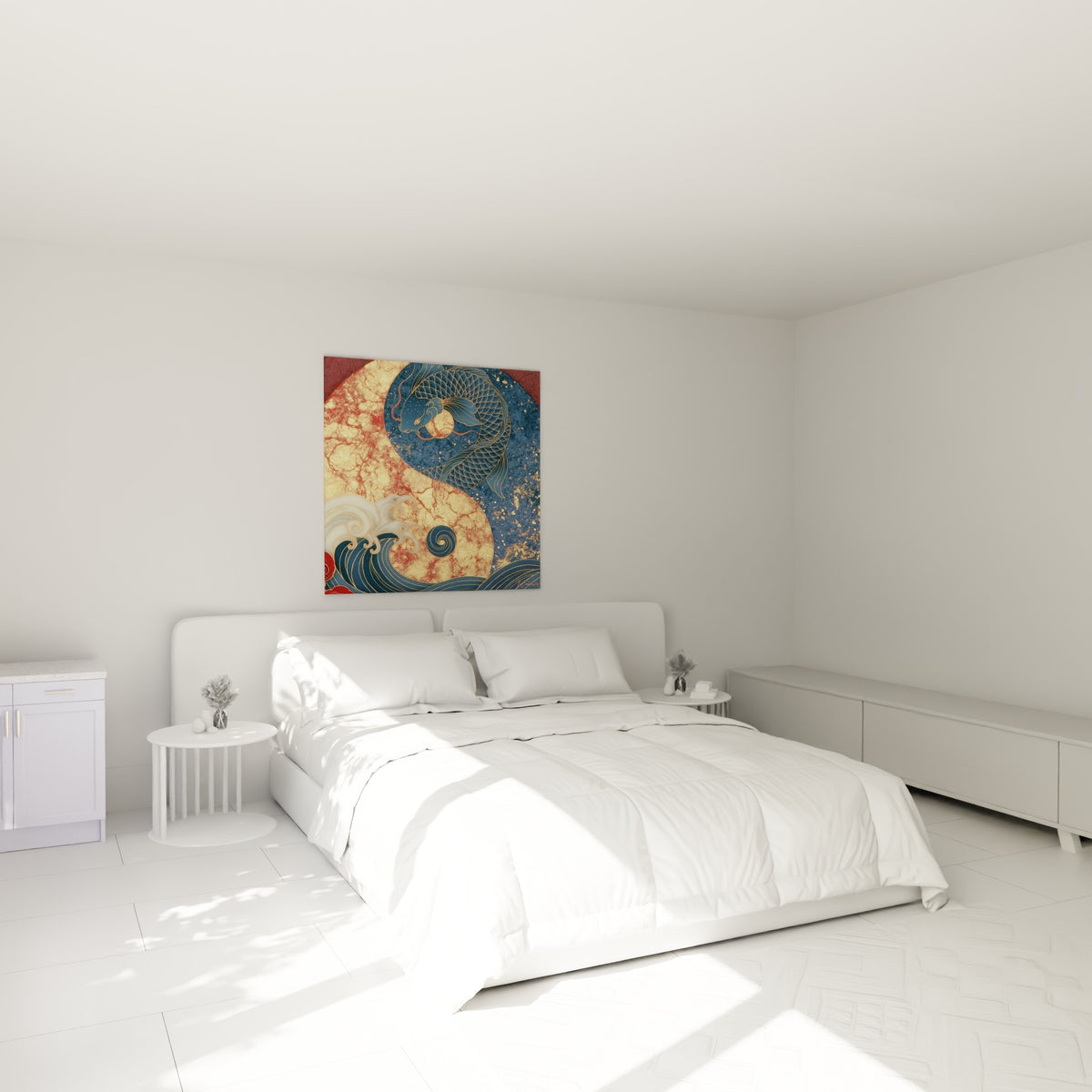 Carpe koï bleue et vagues dorées Yin Yang au-dessus d'un lit dans une chambre claire