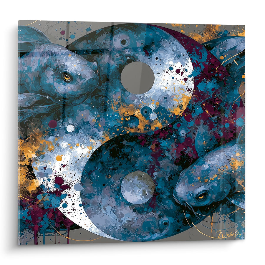 Tableau Symbole bleu et pourpre aux carpes entrelacées - Éclaboussures dorées granuleuses - Edition Yin Yang