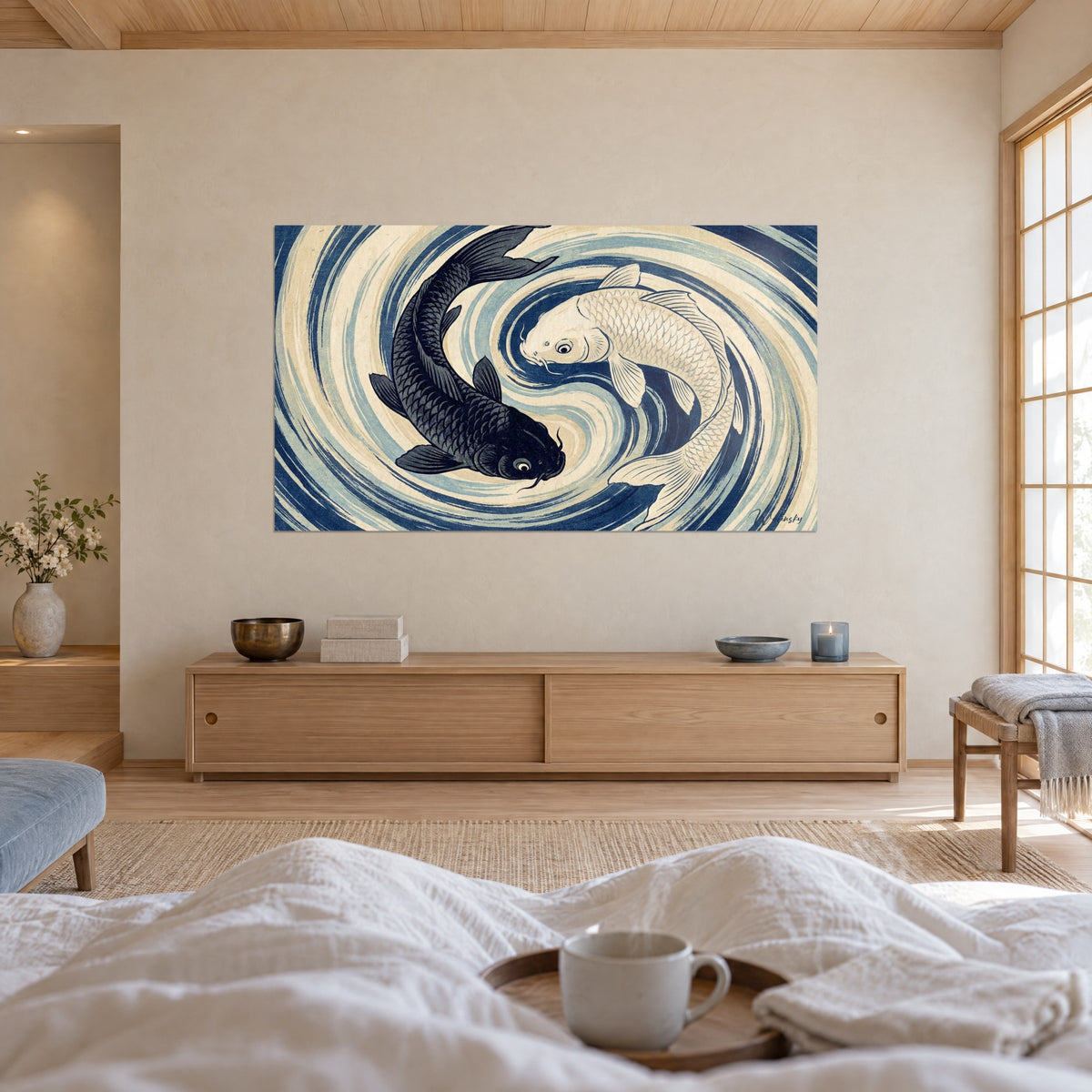 Cuadro pareja de carpas japonesas, una índigo oscuro y otra blanco crema, en un remolino de agua, sobre una cama en un dormitorio luminoso