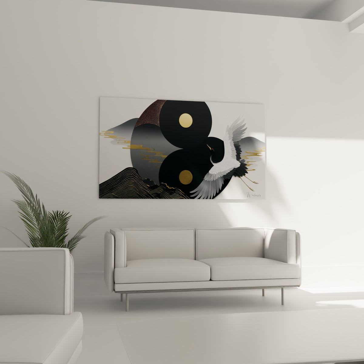 Cercle Yin Yang anthracite traversé par une grue blanche au-dessus d'un canapé dans un salon lumineux