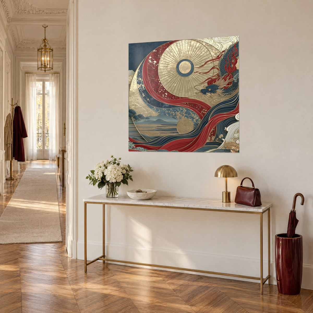 Quadro yin yang in stile giapponese con nastri cremisi e indaco attorno a un sole d'oro, vista di tre quarti, console bianca