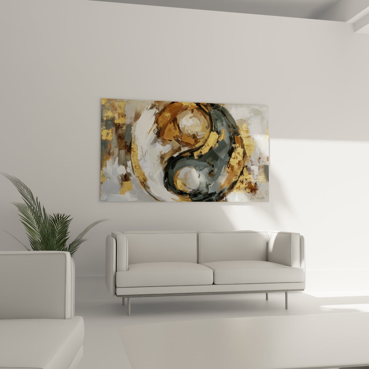 Cercle Yin Yang doré et noir aux touches épaisses, au-dessus d'un canapé dans un salon lumineux