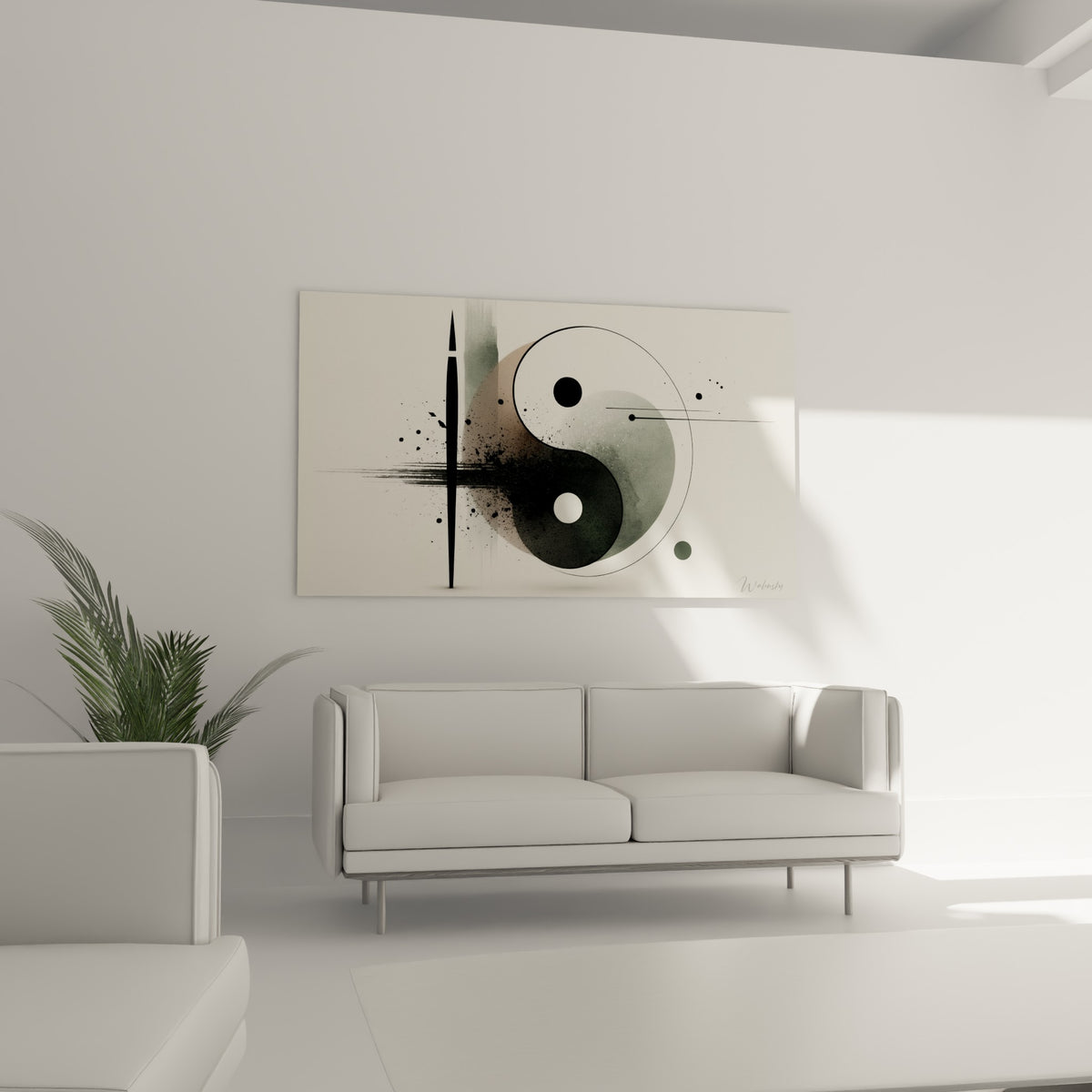 Cercle Yin Yang noir et gris fumé, points blanc et noir, au-dessus d'un canapé dans un salon lumineux