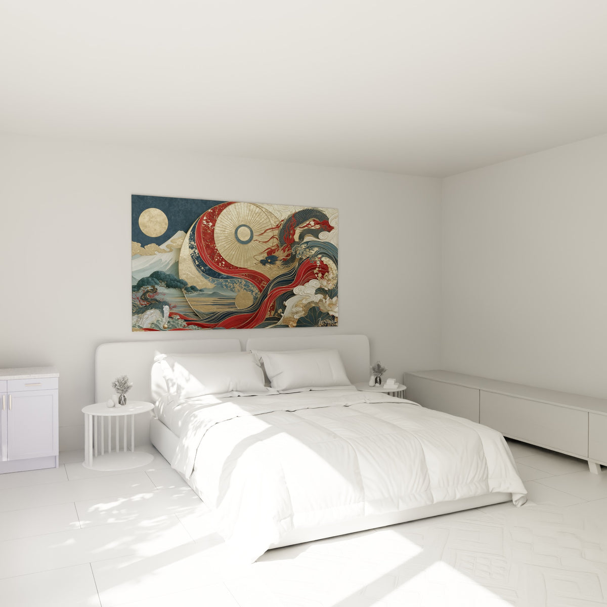 Vagues rouge terracotta et dragon doré illustrant le Yin Yang, accrochés au-dessus d'un lit dans une chambre claire