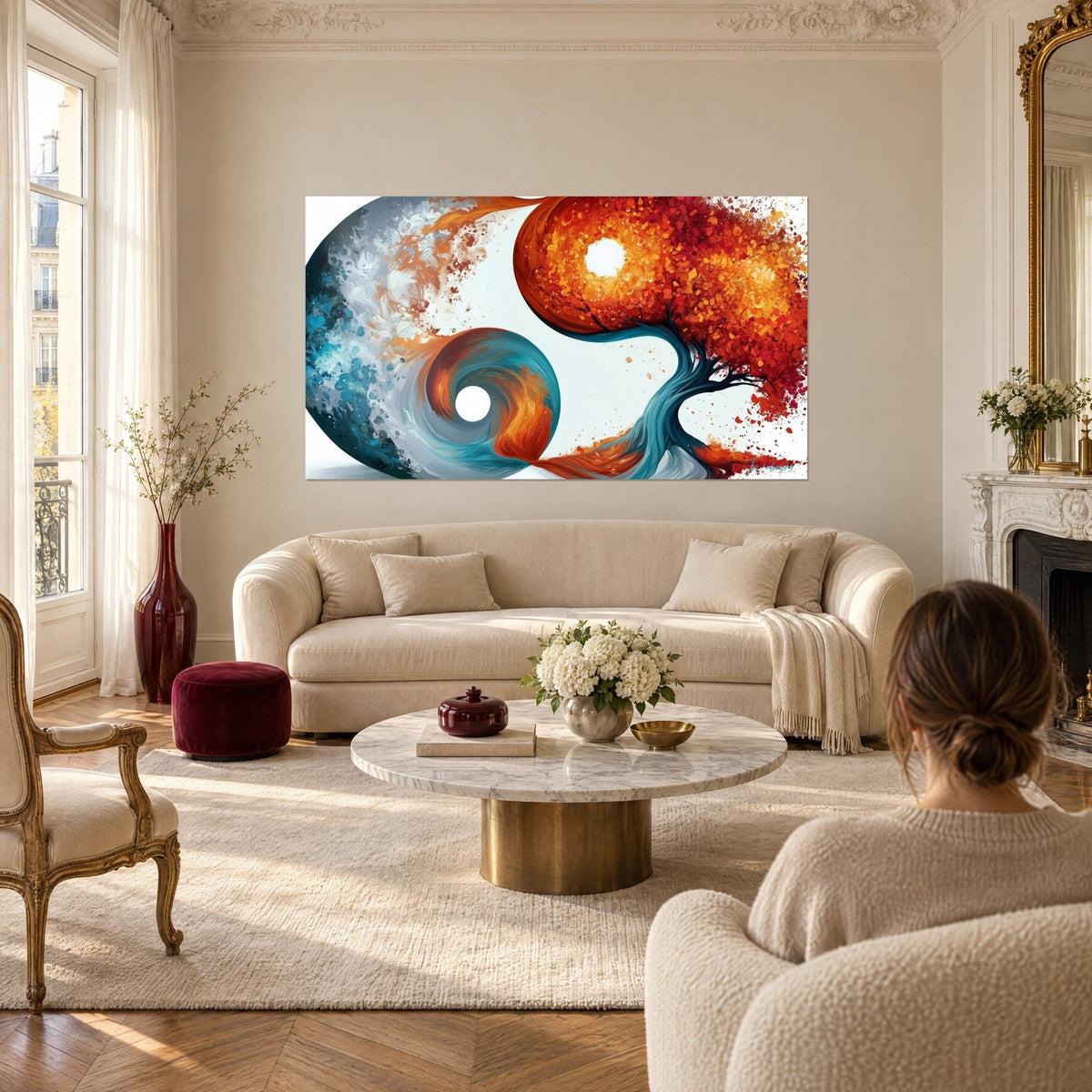 Tableau arbre flamboyant aux feuilles rouge et orange, tourbillon turquoise, deux personnes de dos, au-dessus d'un canapé dans un salon lumineux