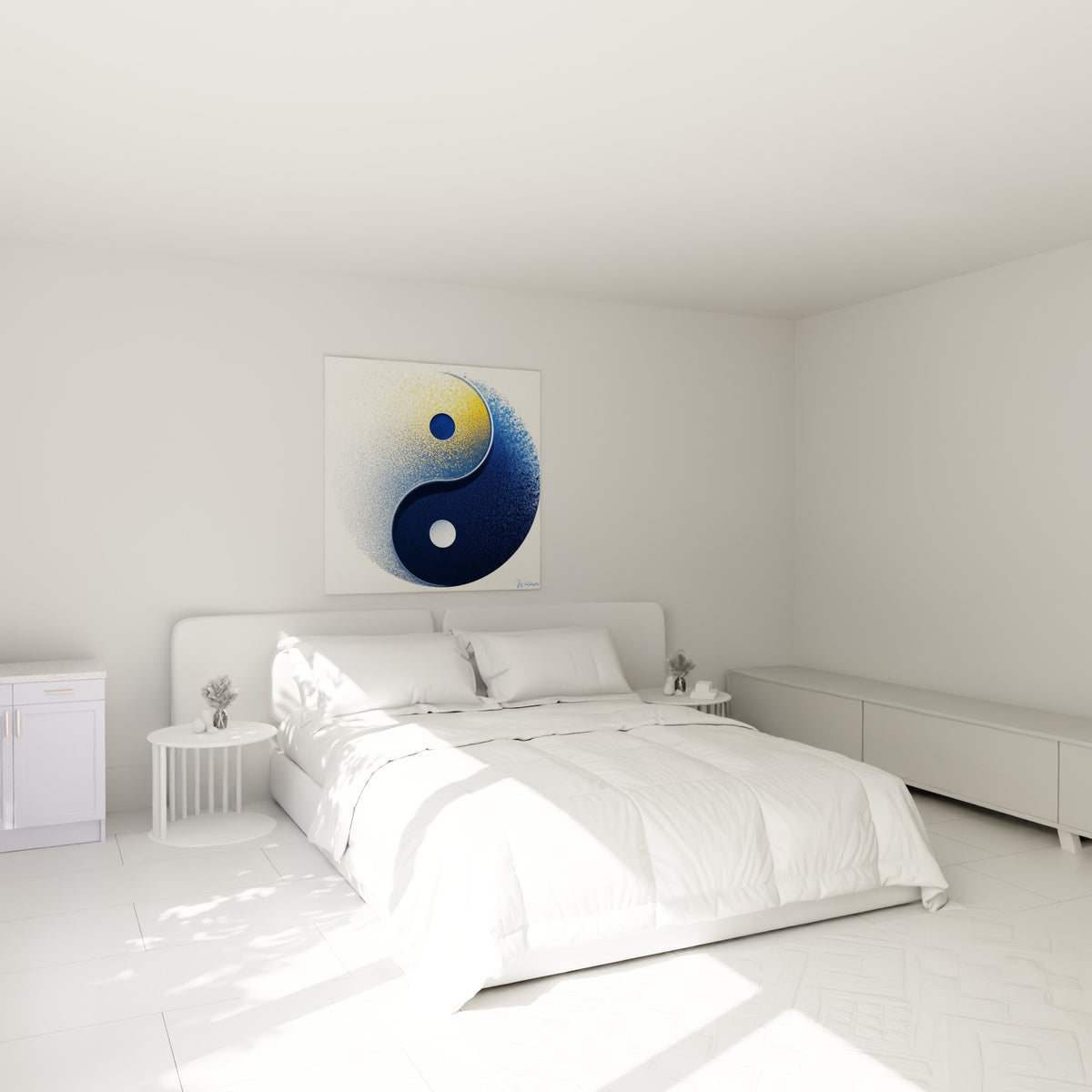 Symbole Yin Yang bleu marine et jaune ocre au-dessus d'un lit dans une chambre claire