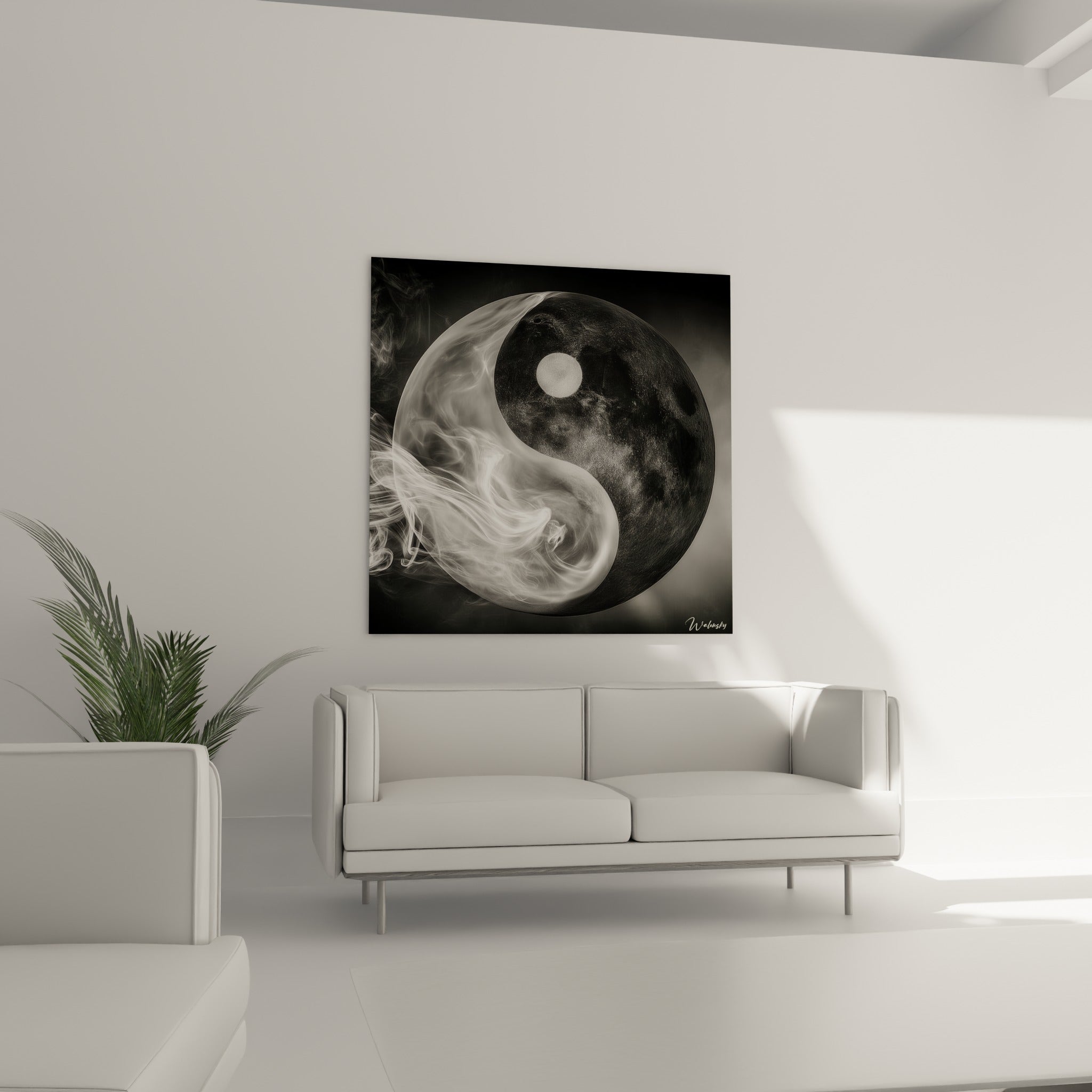 Fumée immaculée enlaçant la moitié noire du Yin Yang au-dessus d'un canapé dans un salon lumineux