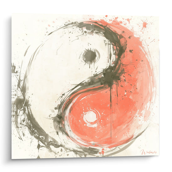 Yin Yang en éclaboussures corail et anthracite sur fond crème, tracé circulaire fluide