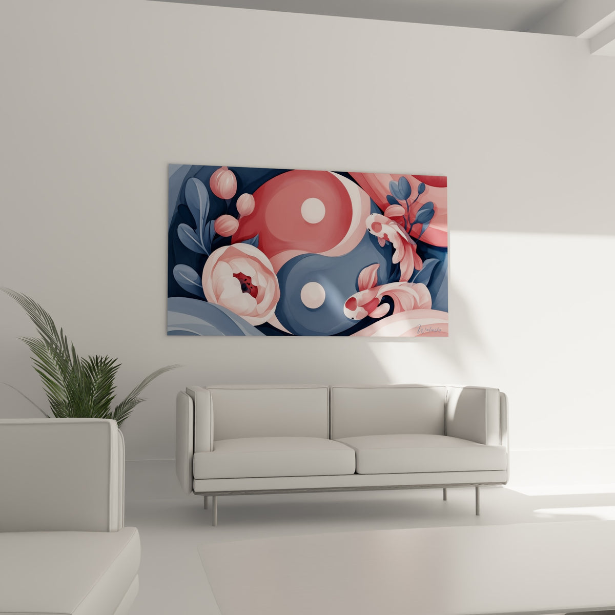 Pivoines roses et symbole Yin Yang bleu gris encadrant des koï, au-dessus d'un canapé dans un salon lumineux