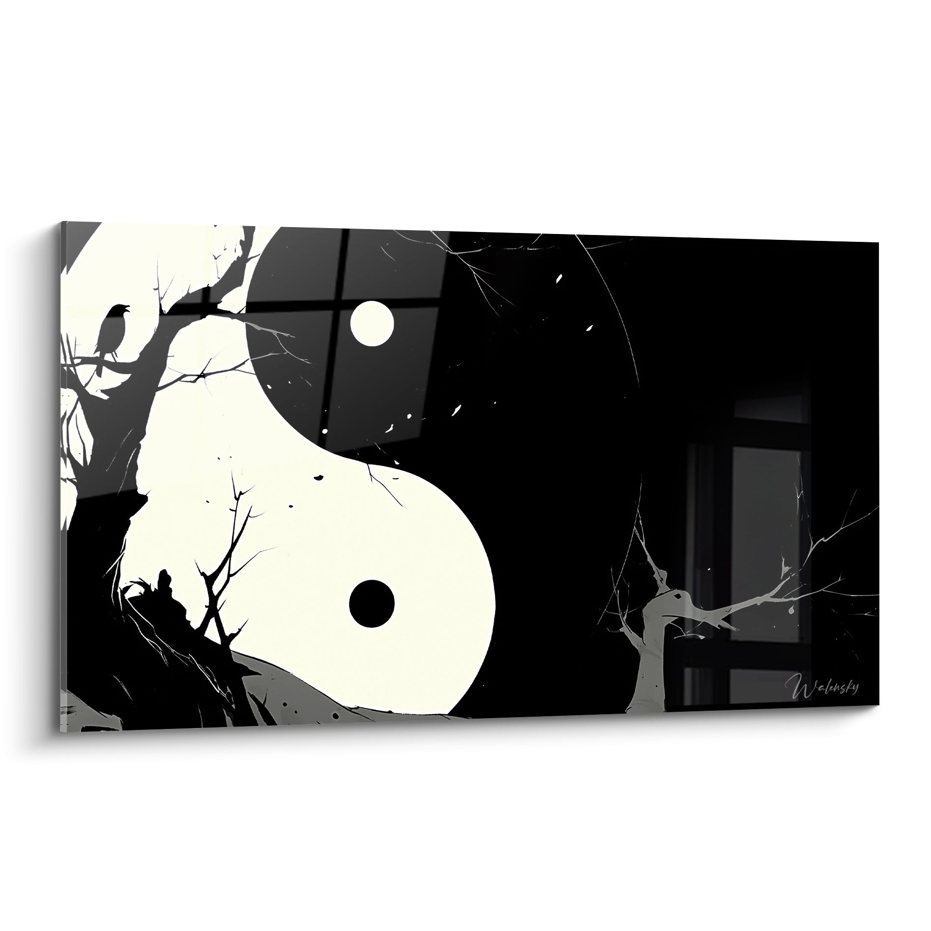 Symbole Yin Yang ivoire et noir avec corbeau silhouetté sur branches dénudées, style graphique
