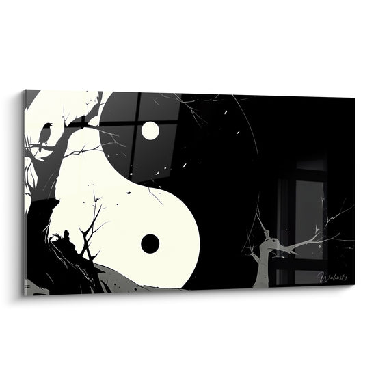 Symbole Yin Yang ivoire et noir avec corbeau silhouetté sur branches dénudées, style graphique