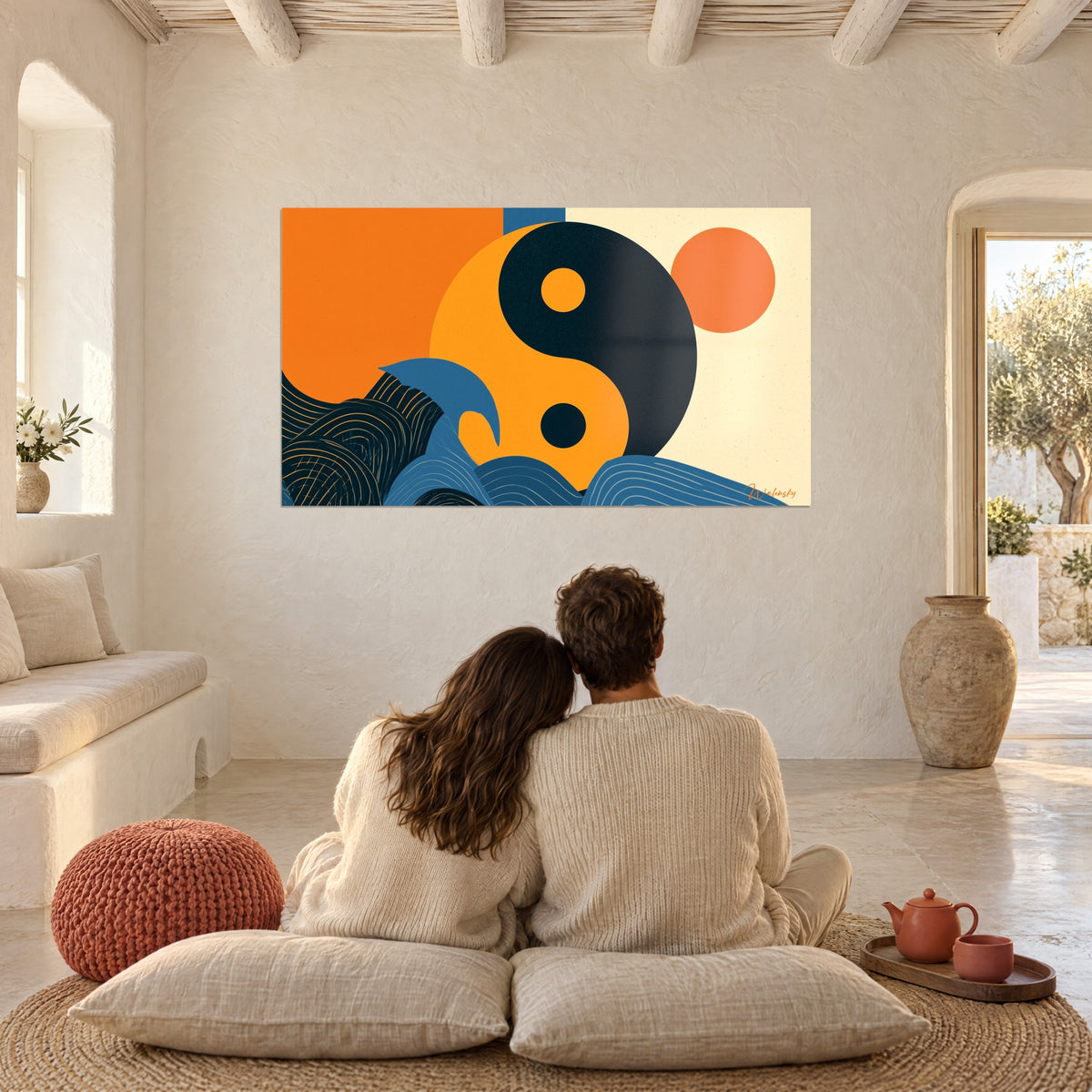 Πίνακας με κύκλο yin yang σε πορτοκαλοκίτρινο και μαύρο, πορτοκαλί επιφάνειες και γαλάζια κύματα, ζευγάρι αγκαλιασμένο σε μπεζ μαξιλάρια, τσαγιέρα terracotta