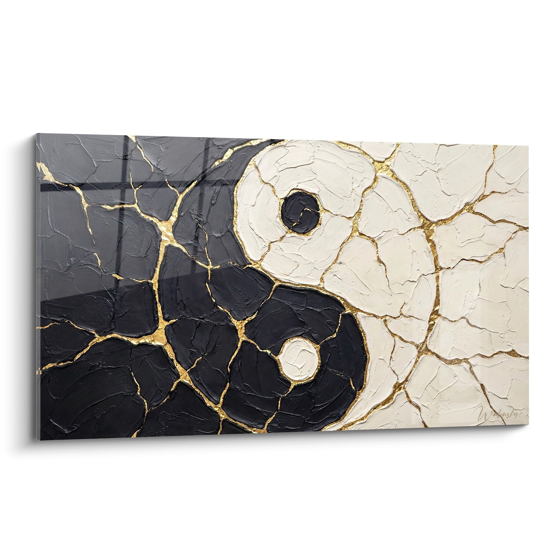 tableau yin yang noir blanc craquelures dorees art moderne equilibre decoration murale