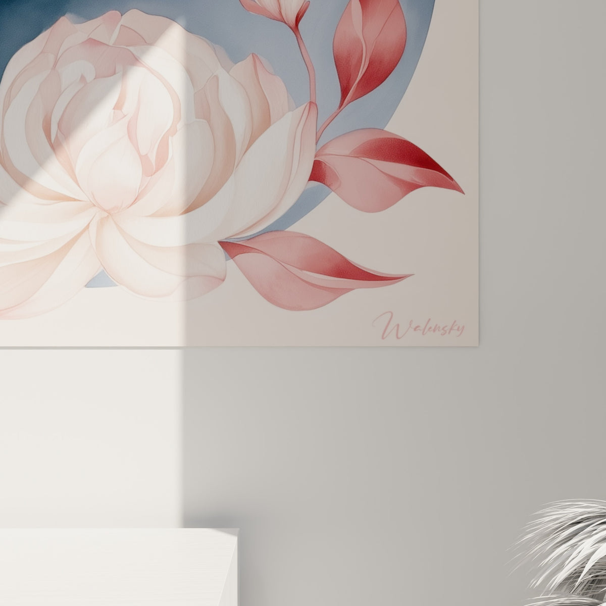 Détail des dégradés rose poudré et bleu ardoise sur les plumes fines, grain aquarelle visible de près