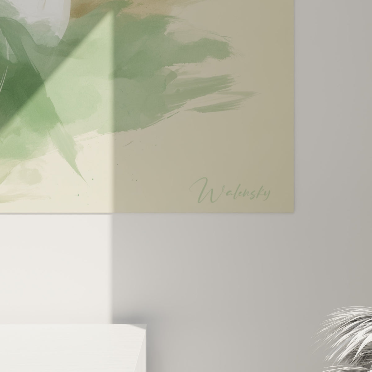 Détail du Yin Yang, empâtements bruns et blancs, grain aquarelle et coulures vert sauge visibles
