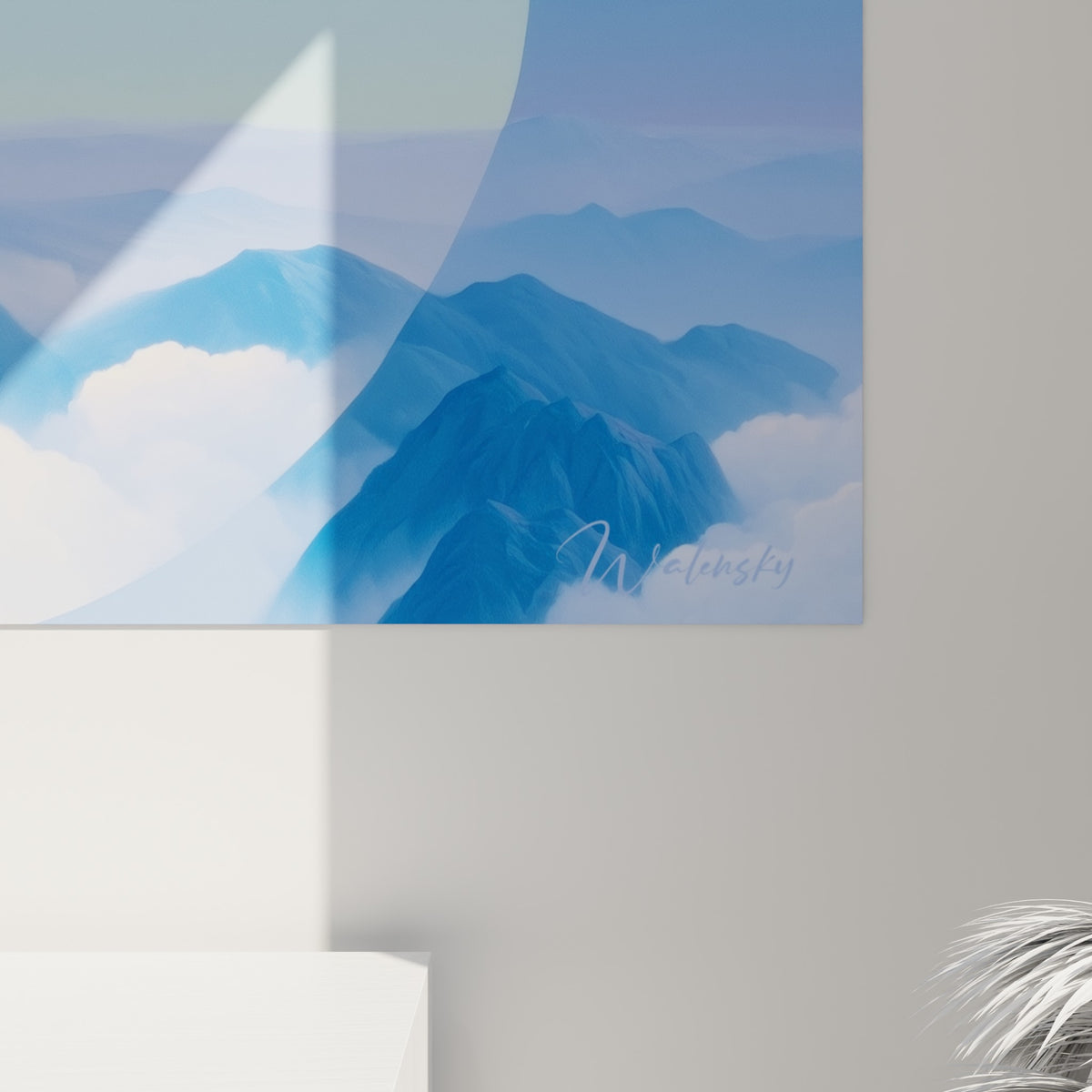 Détail du grain numérique révélant les nuances bleu ciel et doré du symbole Yin Yang accroché