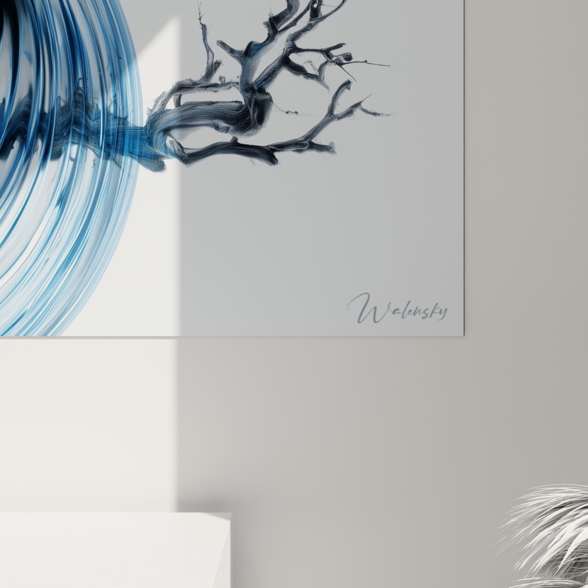 Détail du Yin Yang montrant les striations grises minérales et la coulure bleu marine fluide