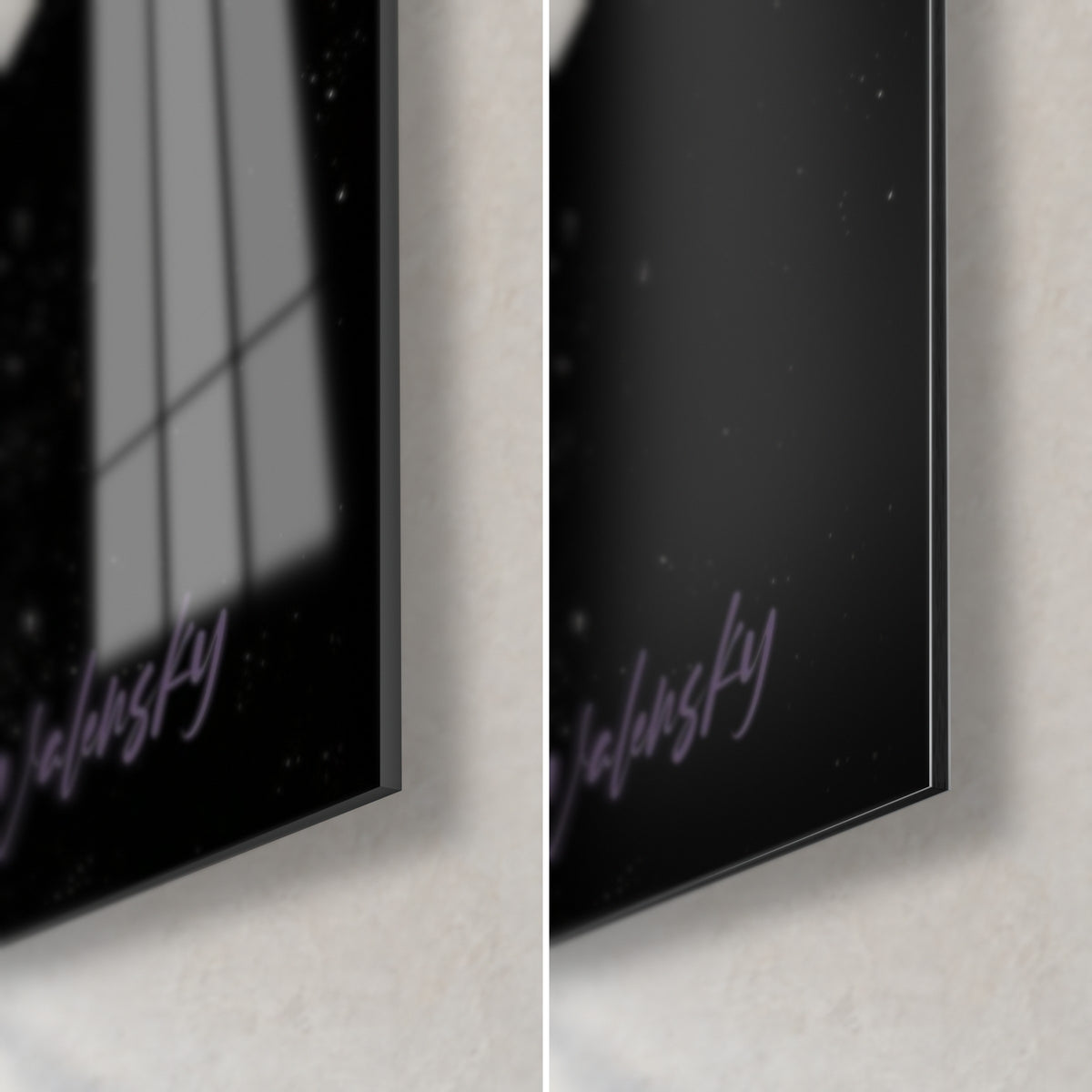 Wall art ivory and violet woman's face, bottom right corner: glossy glass reflecting the window, matte Dibond, black edge