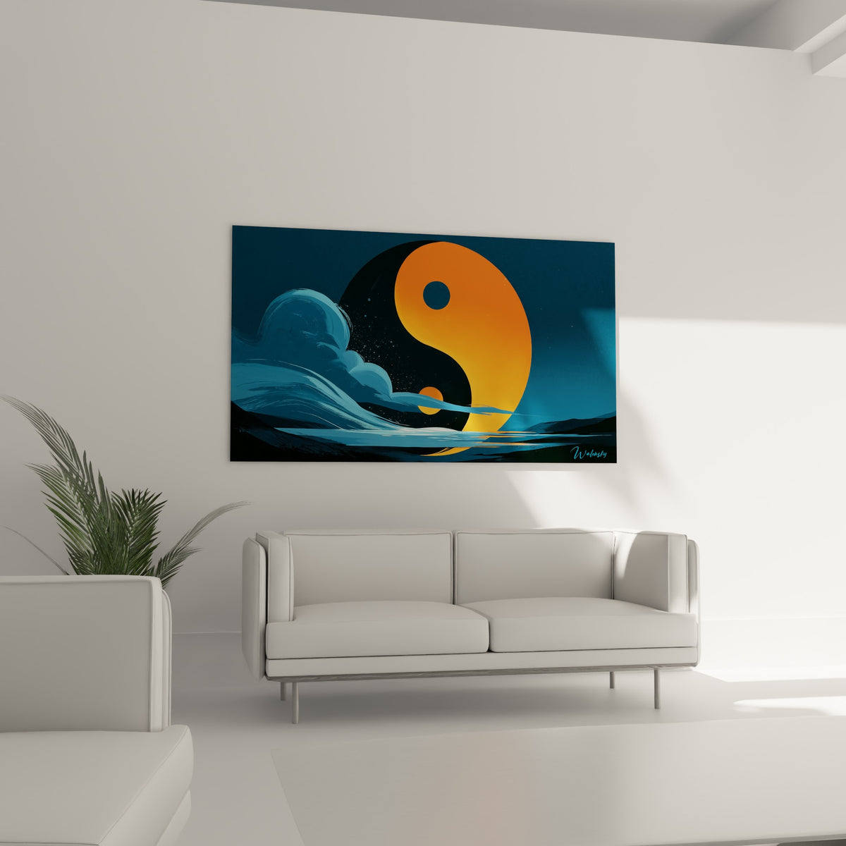 Disque solaire orangé et vagues bleu pétrole du Yin Yang, au-dessus d'un canapé dans un salon lumineux