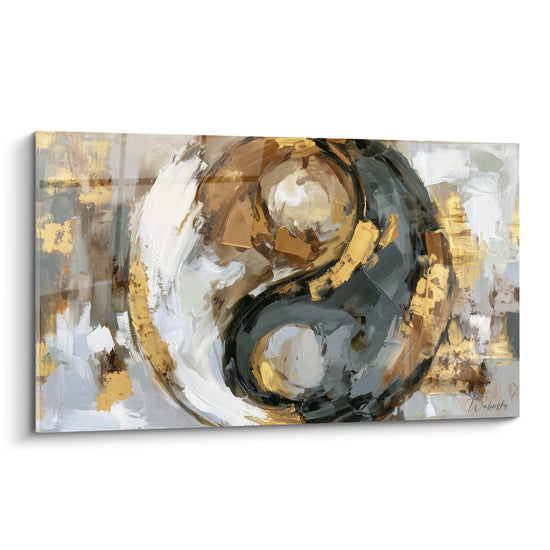 Symbole Yin Yang doré et anthracite aux empâtements épais, contraste texturé sur fond beige clair
