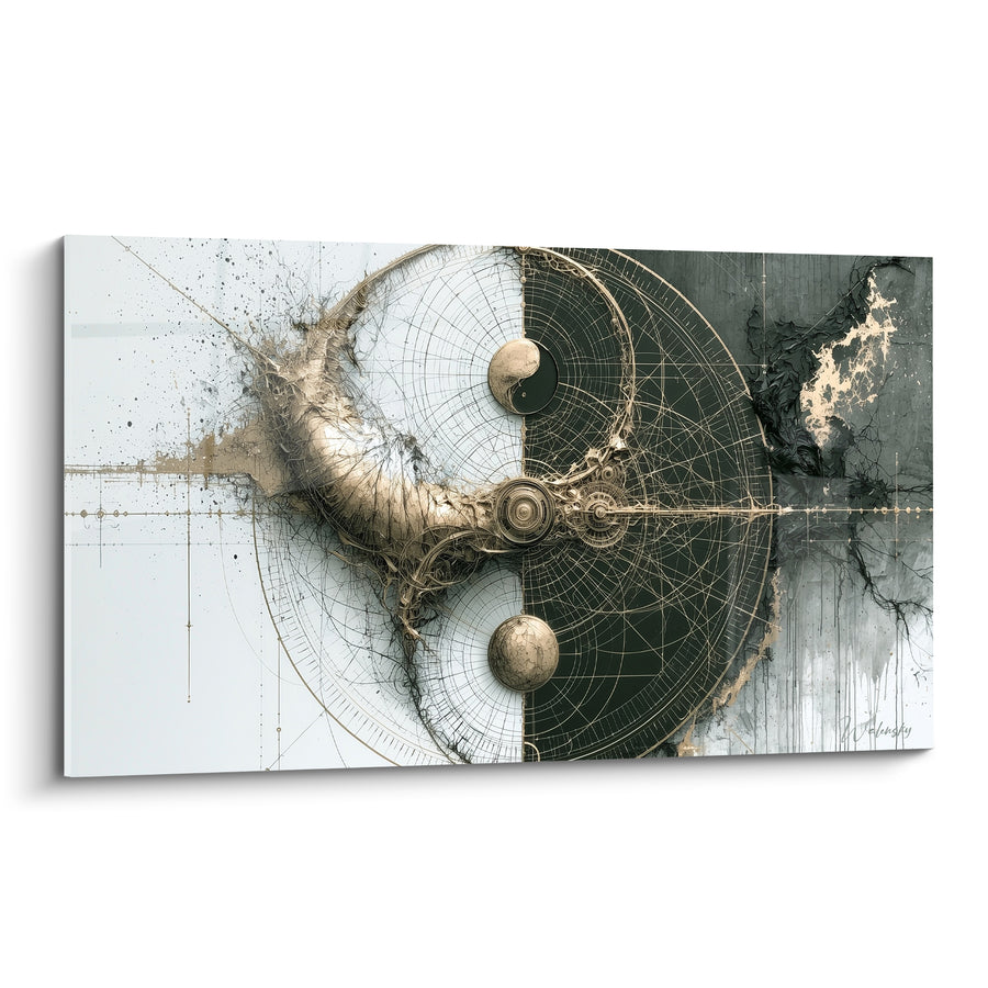 Tableau Symbole doré et noir aux engrenages mécaniques - Cartographie céleste gravée - Edition Yin Yang