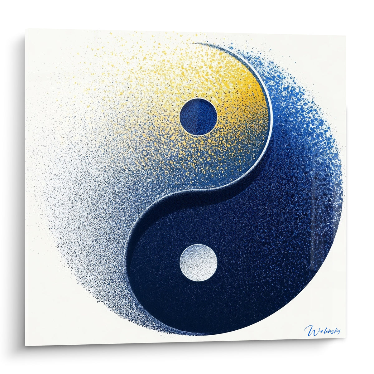 Yin Yang doré et bleu marine en pointillisme dispersé sur fond blanc cassé