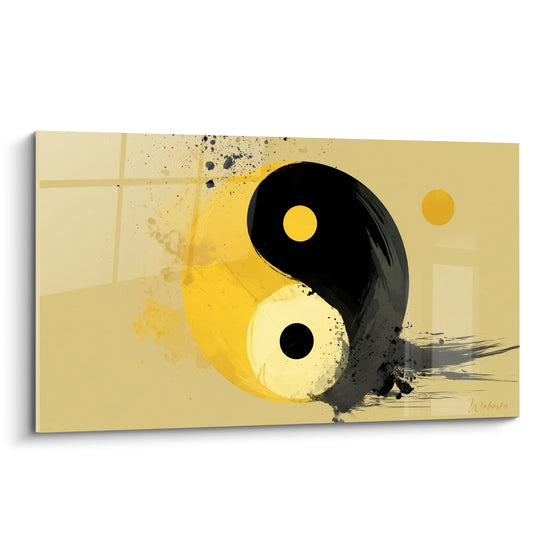 Tableau Symbole jaune et noir aux éclaboussures d'encre projetée - Cercle solaire isolé - Edition Yin Yang