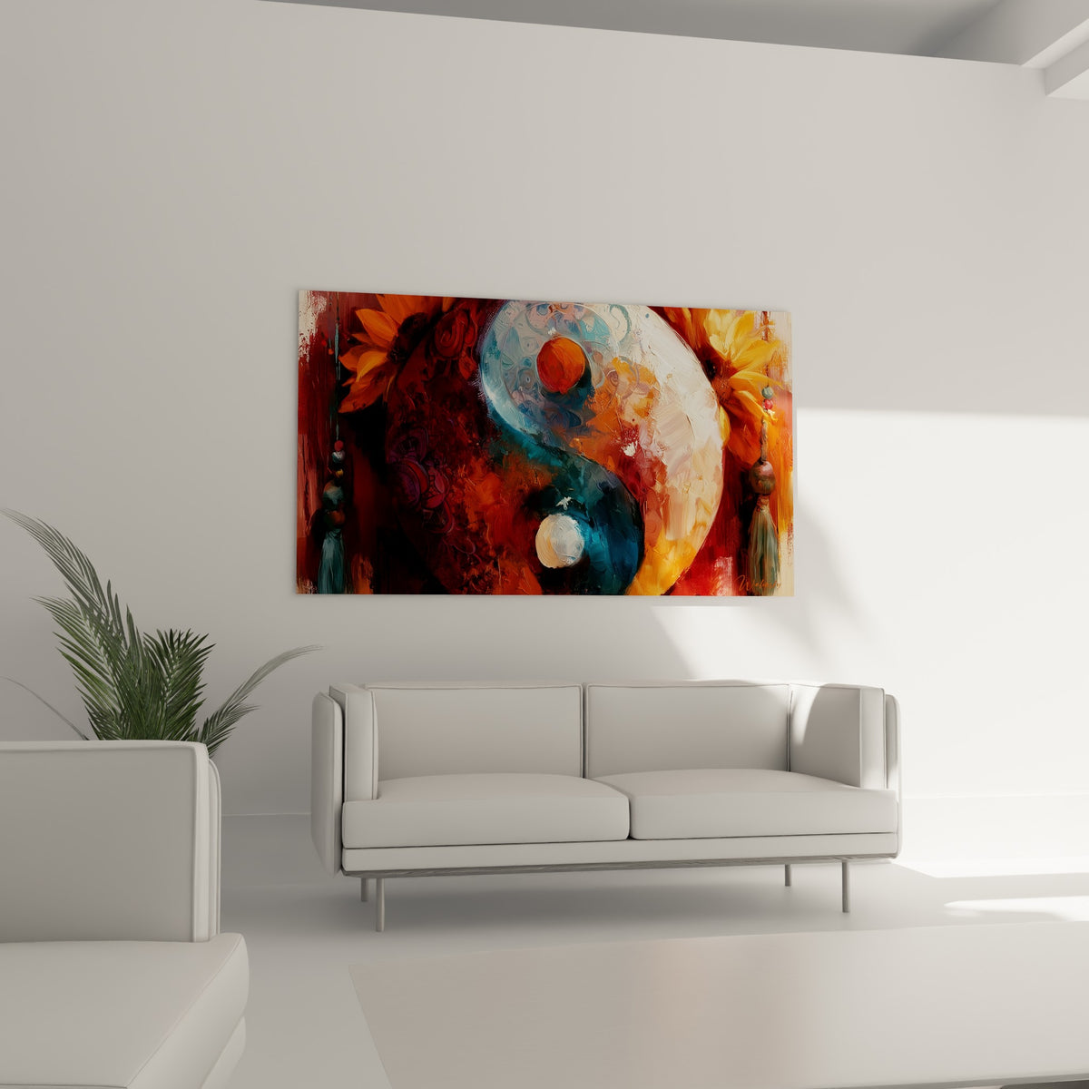 Composition Yin Yang dorée et anthracite suspendue au-dessus d'un canapé dans un salon lumineux